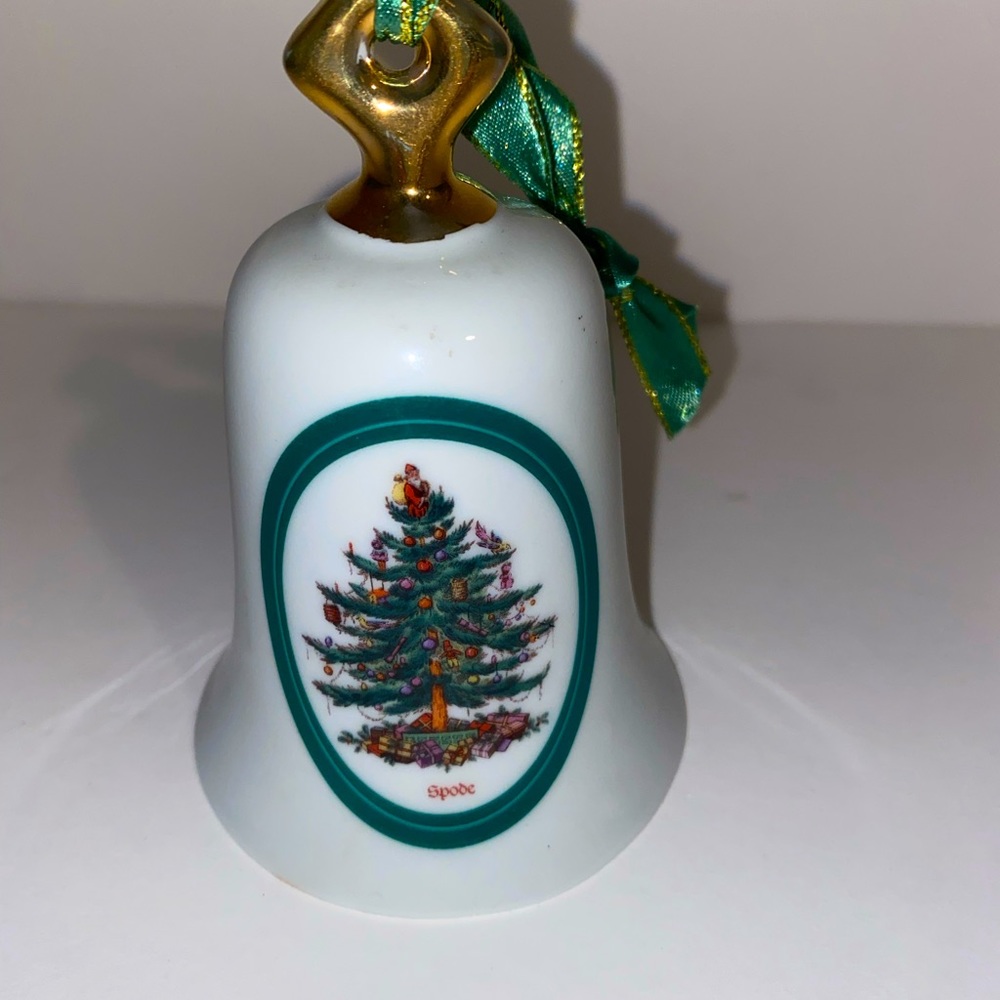 EUC Vintage Spode Christmas Tree Porcelain Bell Ornament Gold Top-Green Ribbon